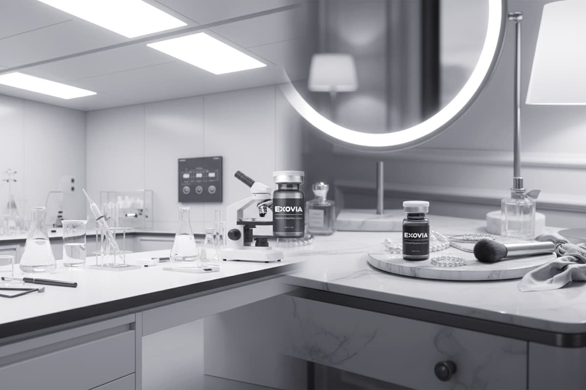 實驗室玻璃器皿過渡到大理石梳妝台上的保養品瓶身